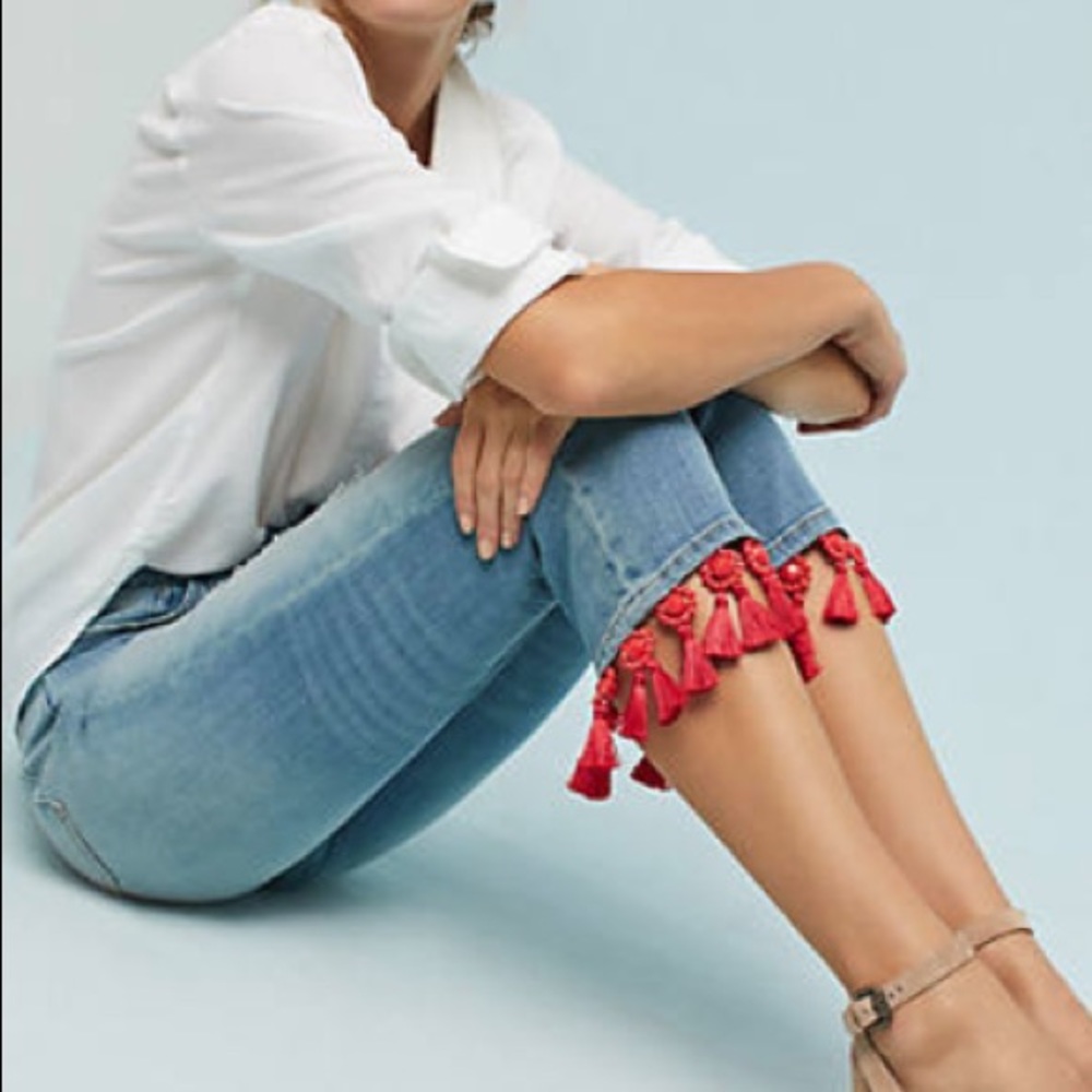 Anthropologie Red Tassel Boyfriend Fit Jeans
